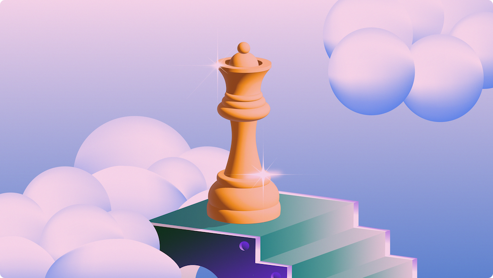 A 3D illustration of a queen chess piece.